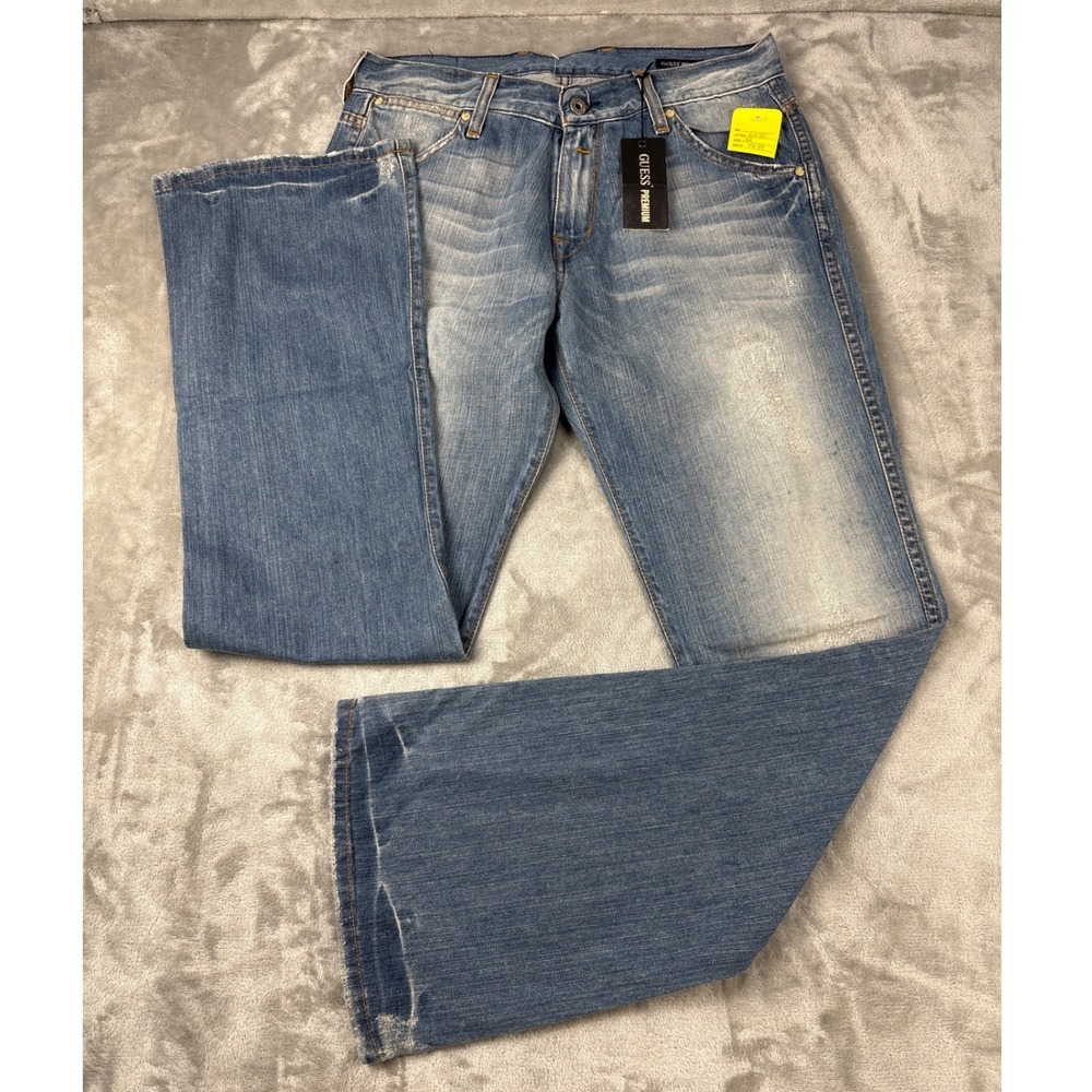 Guess Premium Mens Bootcut Jeans Medium Wash Distressed Blue Size 32 0050